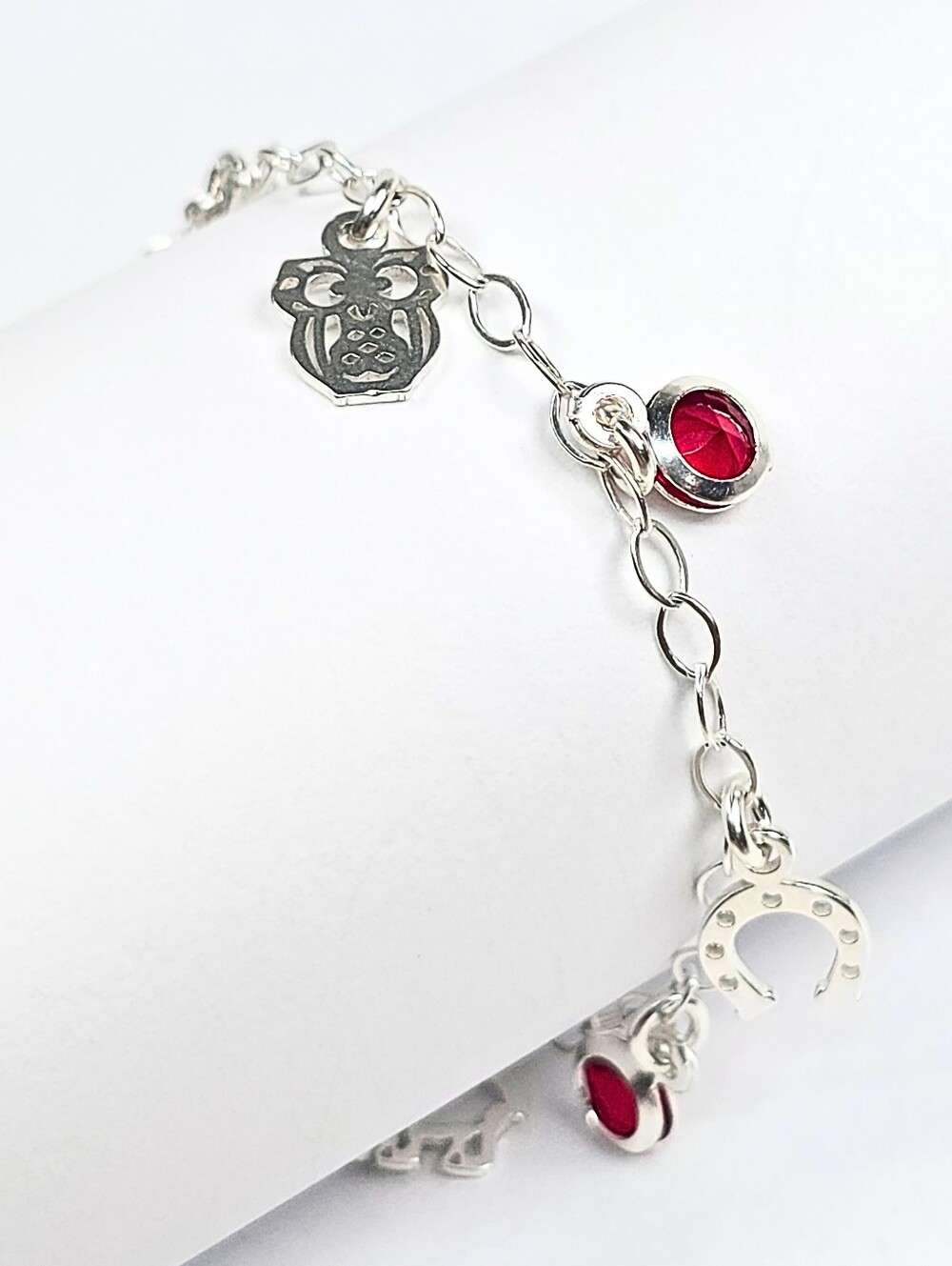 Lucky Charm Bracelet Red Owl Elephant Horseshoe Clover 925 Sterling Silver 19cm